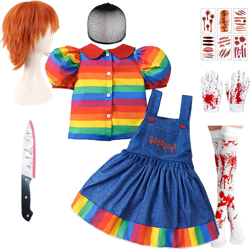 Chucky Costume Halloween Toddler Baby Girl Cosplay Kids Rainbow Striped Shirt Overalls