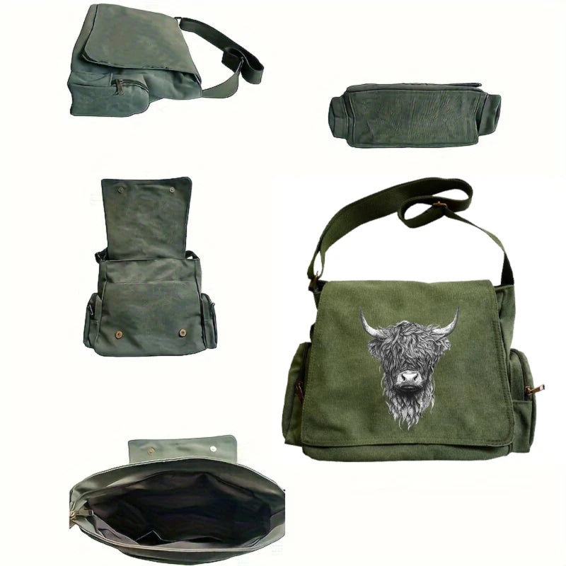 Highland Cow Print Canvas Shoulder Bag Crossbody Messenger Bag