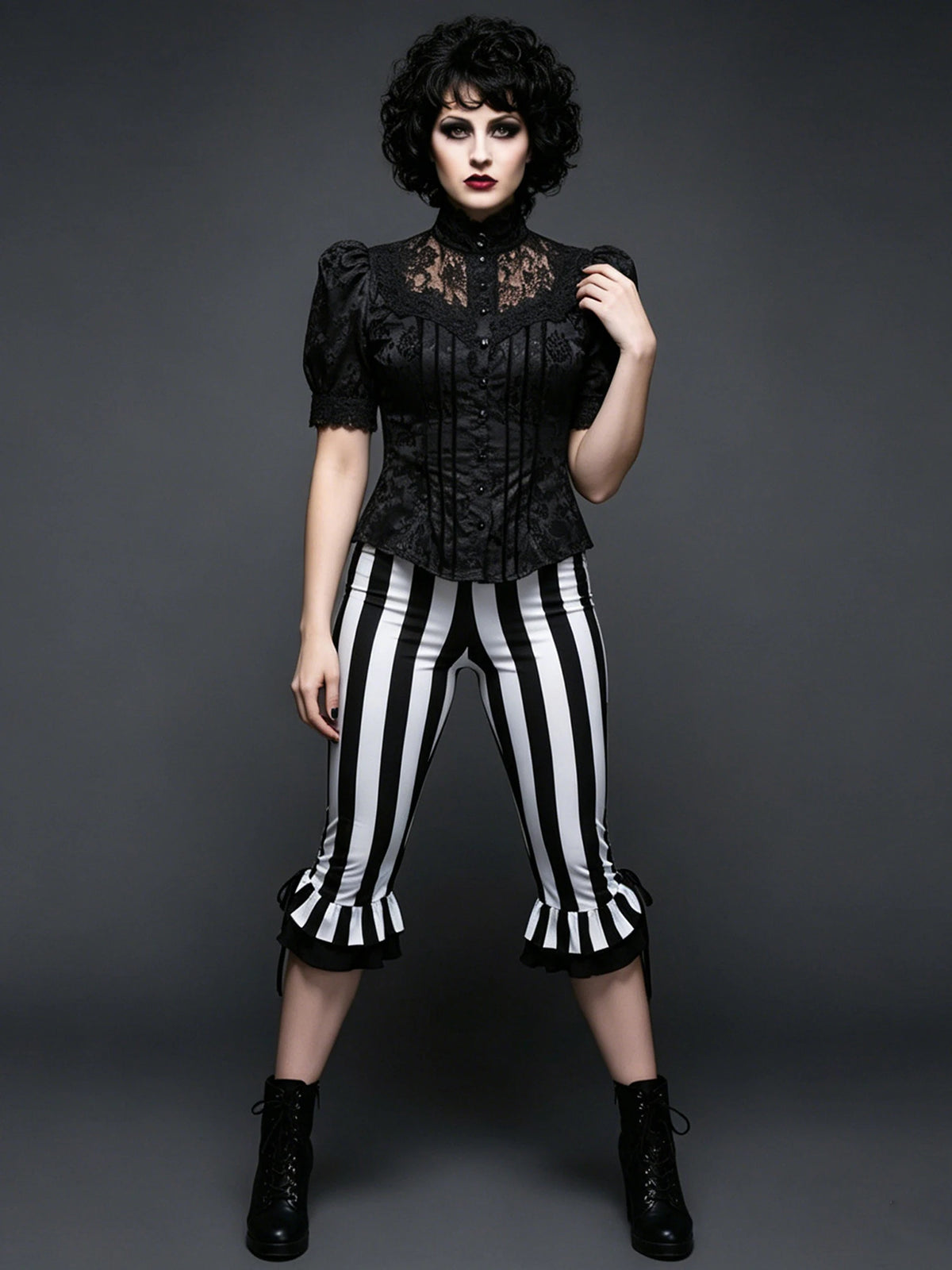 Women’s Black White Striped Capri Pants Slim Fit Bell Bottom Leggings Performance Wear Halloween Costumes