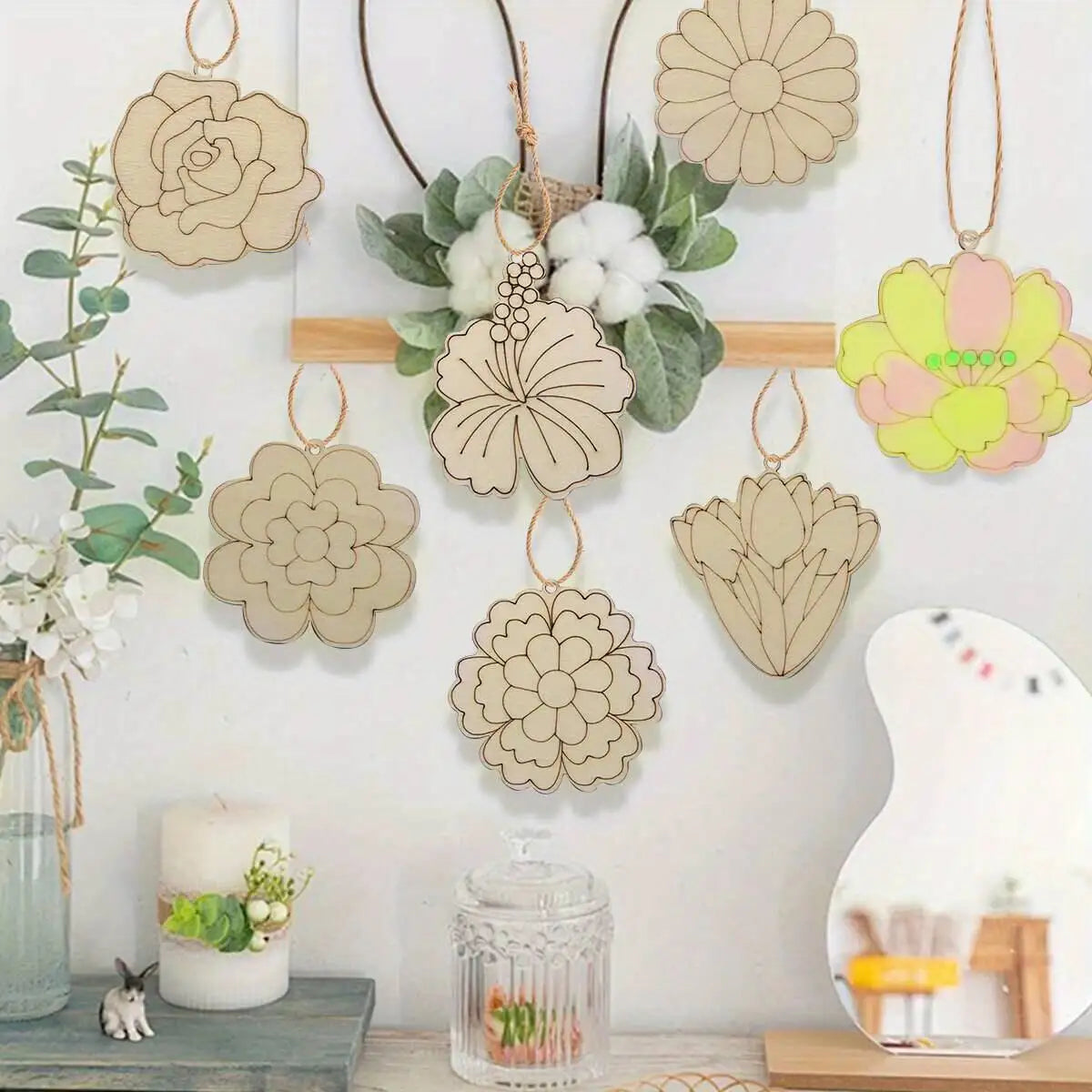 24Pcs Wooden Flower Head Hanging Ornaments For Decorations and Gifts DIY Wood Craft Project
