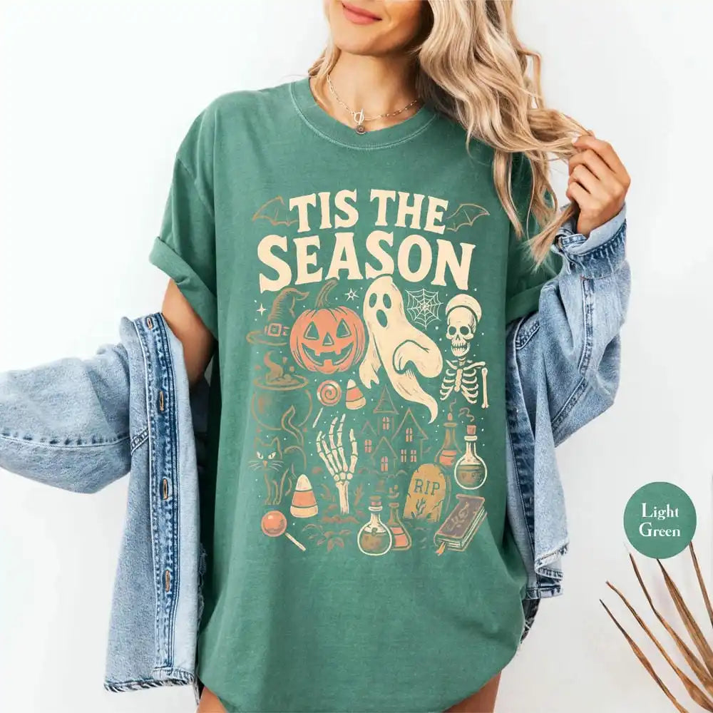 'Tis The Season Skeleton Pumpkin Ghost Halloween T-Shirt Vintage Halloween Cotton Tee