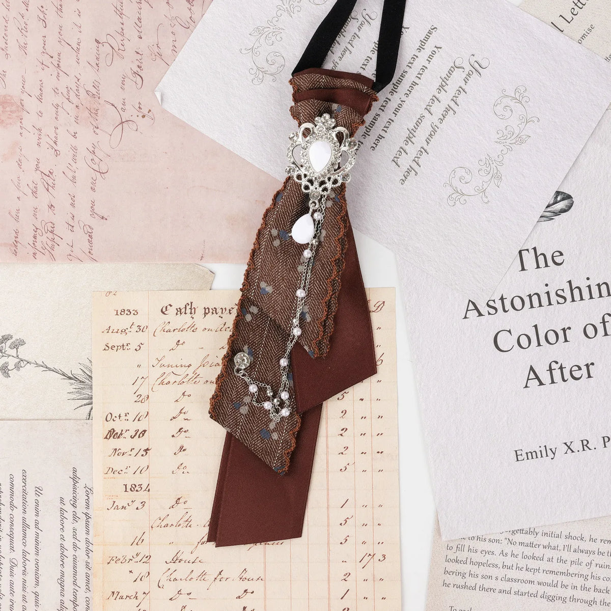 Dark Academia Jabot Plaid Short Necktie Rhinestone Brooch Pearl Chain