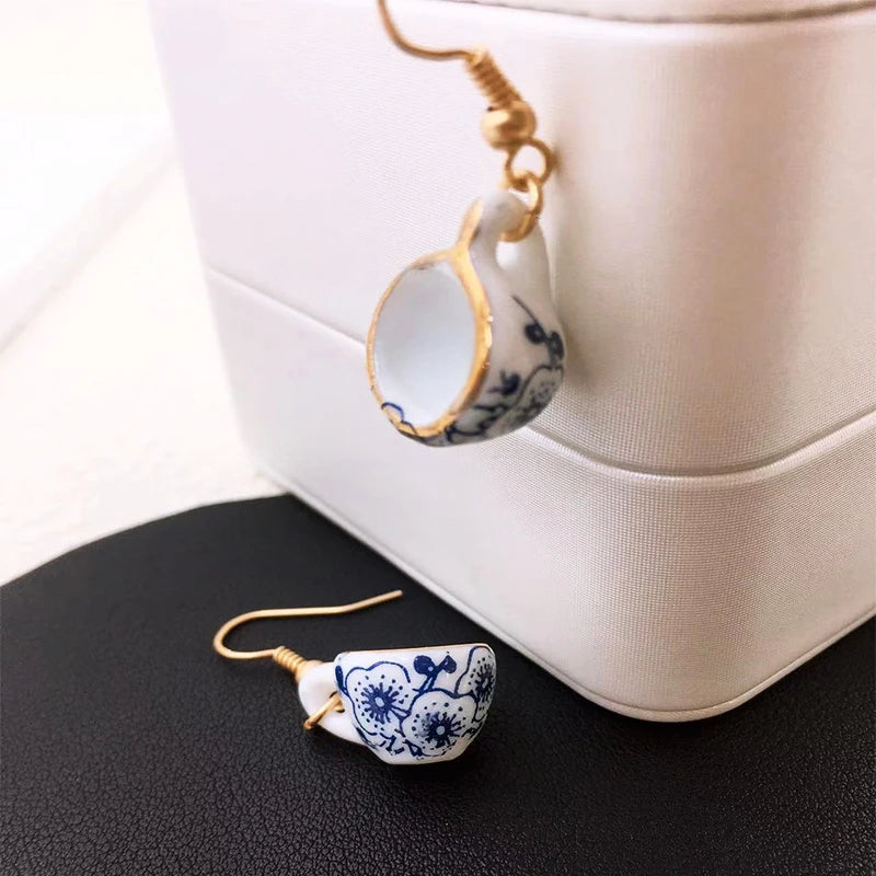 Handmade Ceramic Tea Cup Earrings Blue White Enamel Jewellery