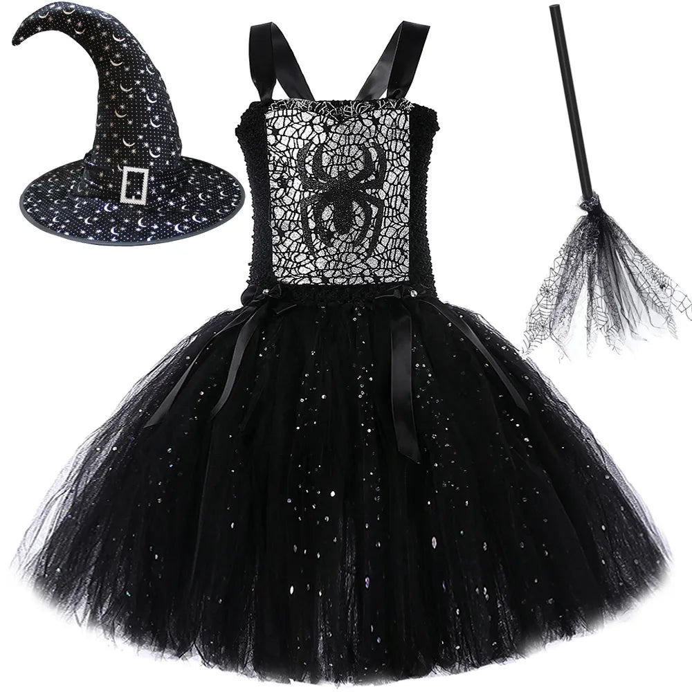 Sparkly Spider Witch Halloween Costumes Babies to Teens Tutu Dress, Hat and Broom
