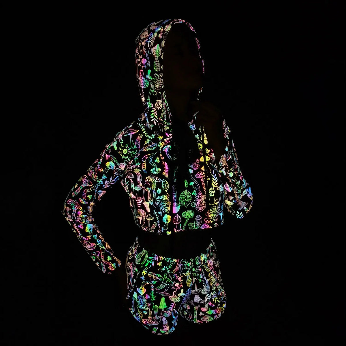 Reflective Mushroom Print Shorts Cropped Hoodie