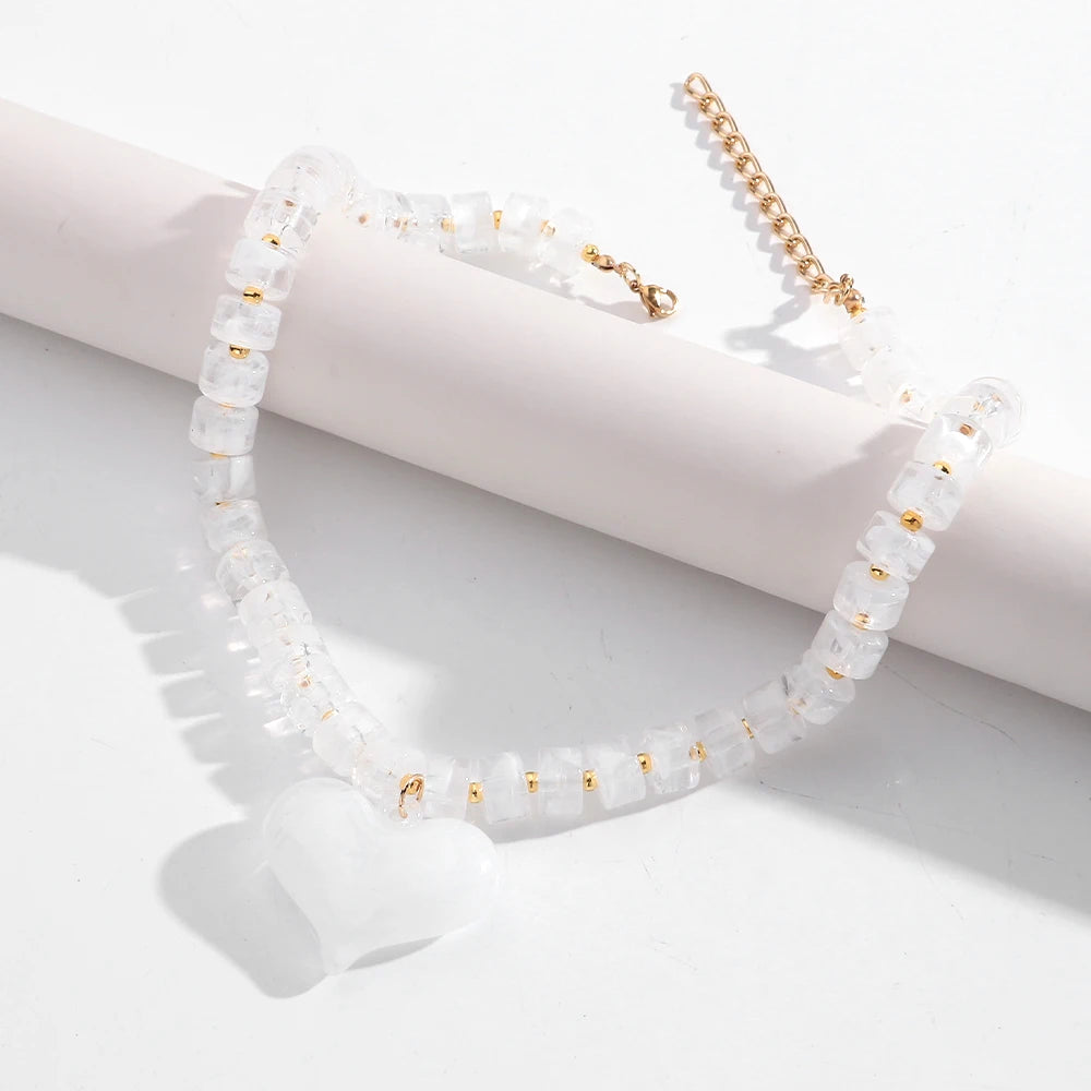 Chunky Acrylic Heart Pendant Beaded Choker Necklaces
