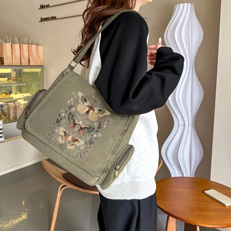 Trio of Moths Print Canvas Shoulder Bag Crossbody Messenger Bag