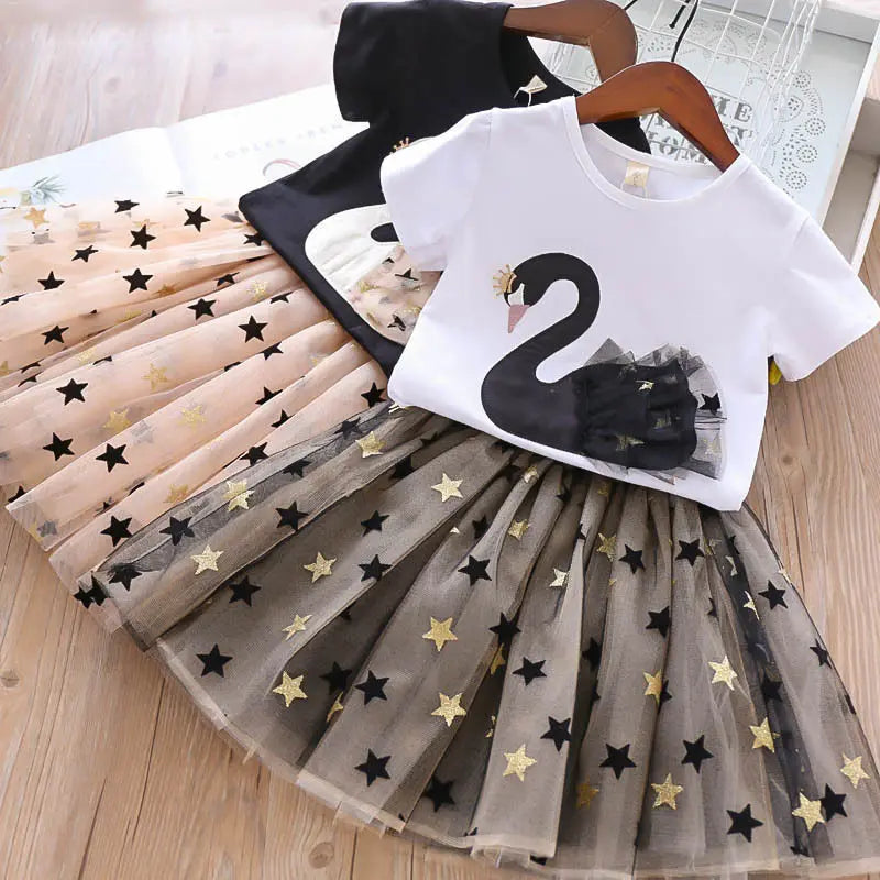 Swan T-Shirt+Sequin Skirts 2Pcs Baby Girls Clothing Sets Cotton Outfits