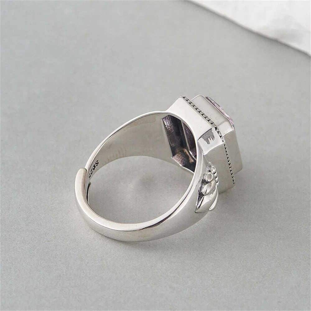 Maga's Portal Key S925 Sterling Silver Diamond Ring Square Natural Amethyst