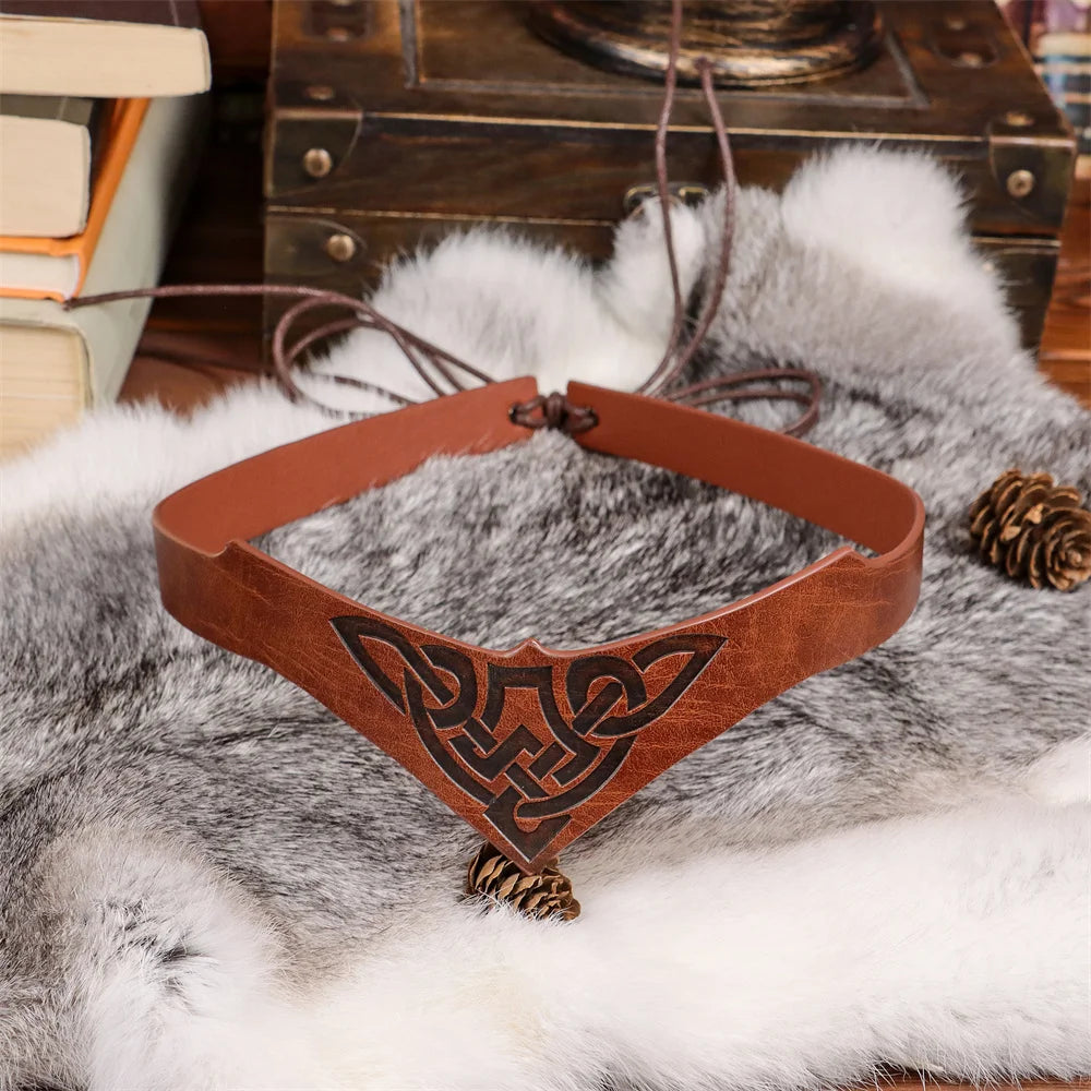 Viking Headband with Celtic Knot and Norse Rune Design Adjustable Faux Leather Accessory for LARP Cosplay