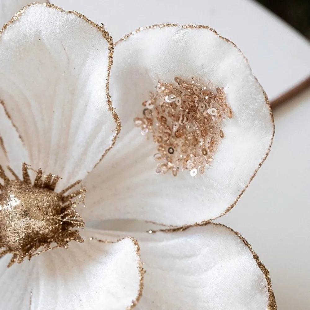 Glitter Christmas Magnolia Artificial Flower Red Gold Handmade Flocking Xmas Decorations