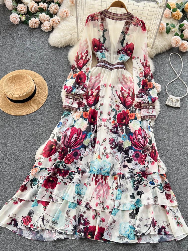 Mandy's Spring Boho Floral Chiffon Cascading Ruffles Dress