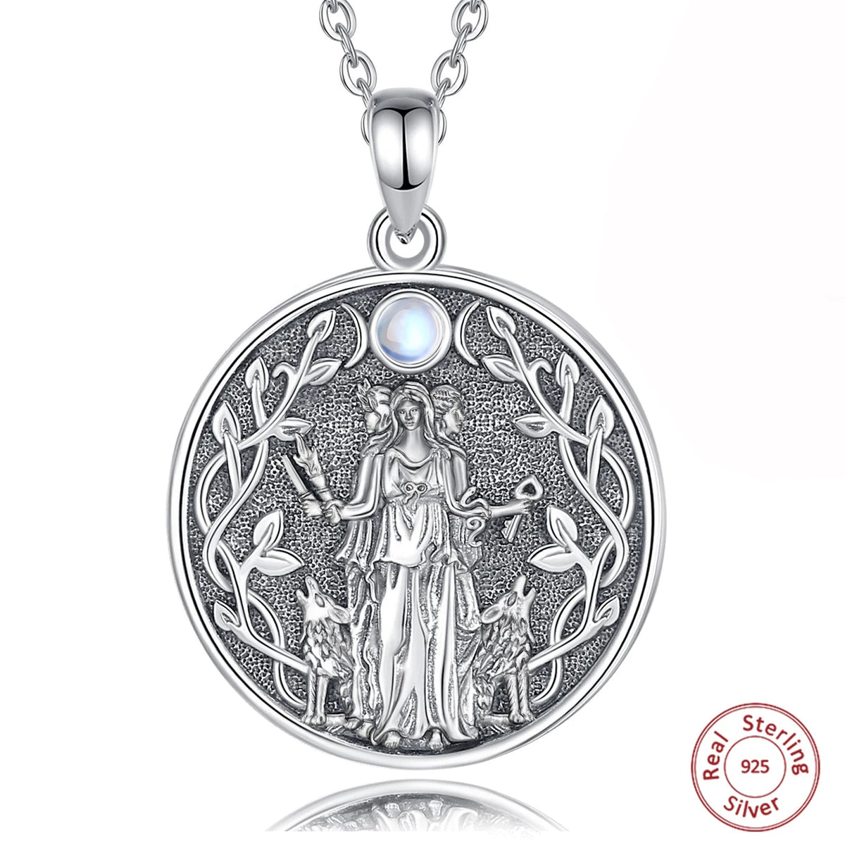 Moonstone Triple Moon Goddess Hecate Dog Amulet Pendant Necklace 925 Sterling Silver