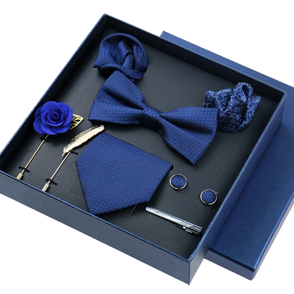 Men's 8pcs Tie Set Wedding Cravat Silk Bowtie Pocket Square Cufflinks Brooch Box Set Gifts For Men
