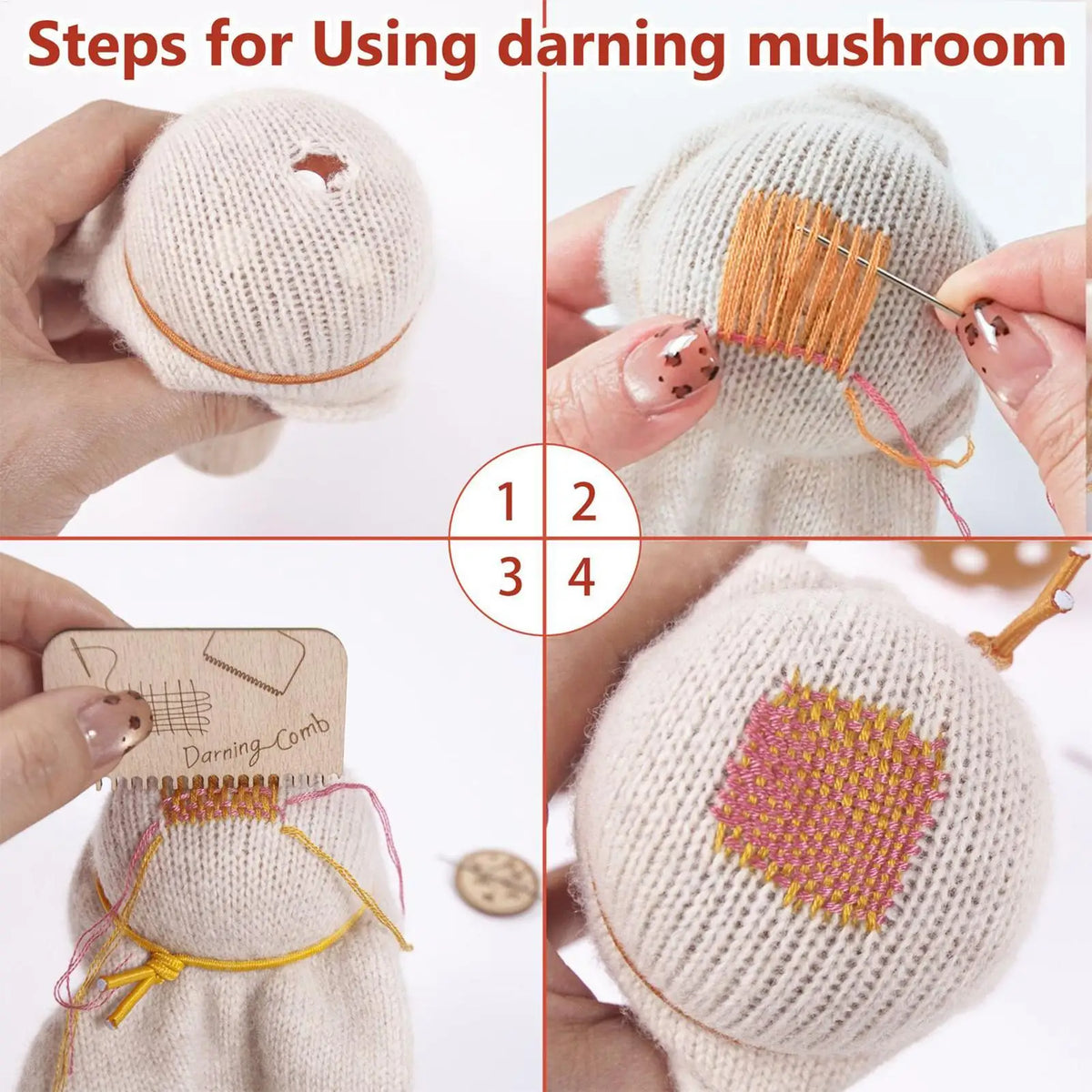 Wooden Mushroom Darning Kit Loom Complete Craft Supplies Sock Repair Kit Mending Tool For Embroidery DIY Crafts Clothes Fabric