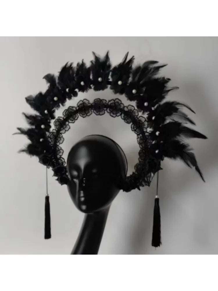 Black Feather Halo Crown Stage Performance Headpiece