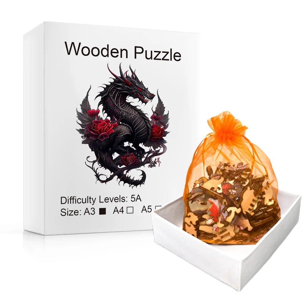 Gothic Rose Flying Dragon Wooden Jigsaw Puzzle Irregular Shaped Pieces