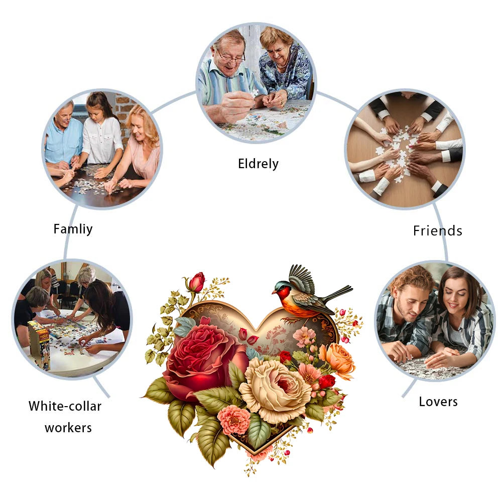 Rose Heart Wooden Jigsaw Puzzle Irregular Animal Shaped Pieces