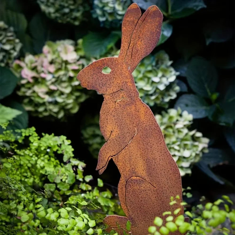 Rustic Metal Rabbit Garden Stake Rusty Bunny Silhouette