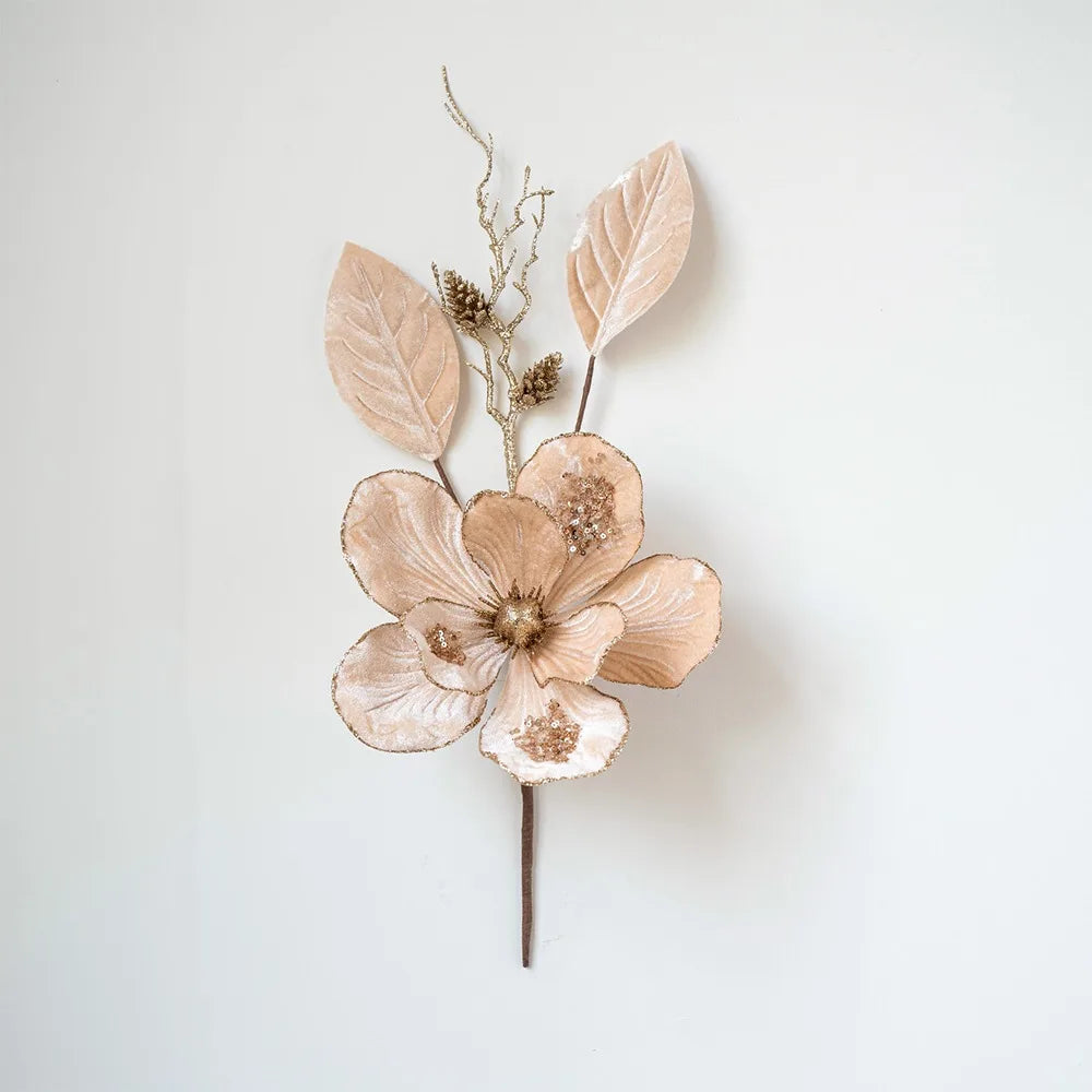 Glitter Christmas Magnolia Artificial Flower Red Gold Handmade Flocking Xmas Decorations