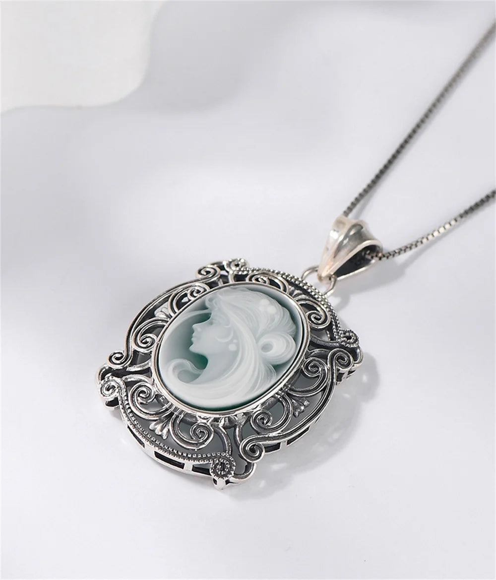 Kindred Spirit S925 Sterling Silver Pendants Blue Agate Portrait Jewelry