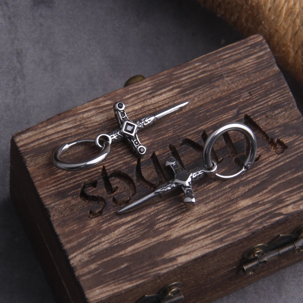 Gothic Dagger Sword Stainless Steel Huggie Hoop Earrings for Men with Wooden Box