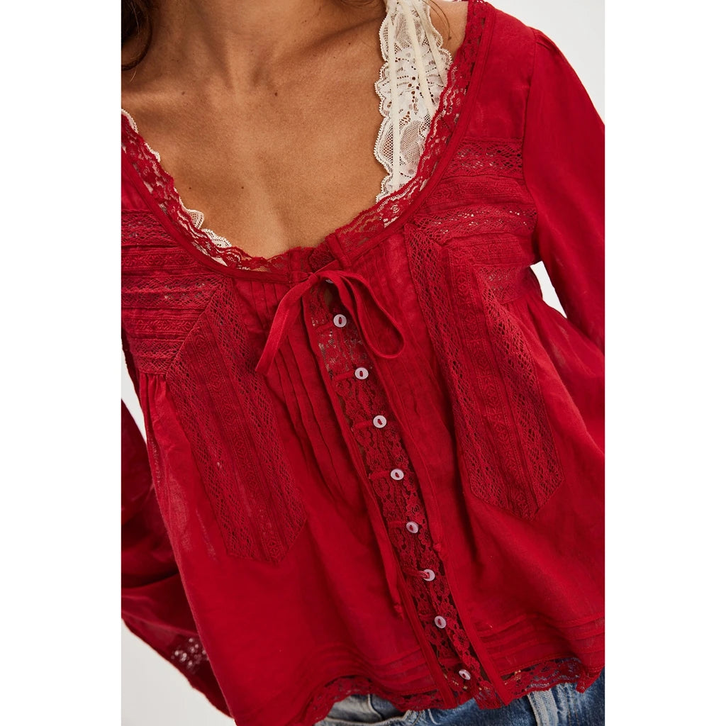 Y2K Boho Long Sleeve Lace Patchwork Button-down Tops 100% Cotton