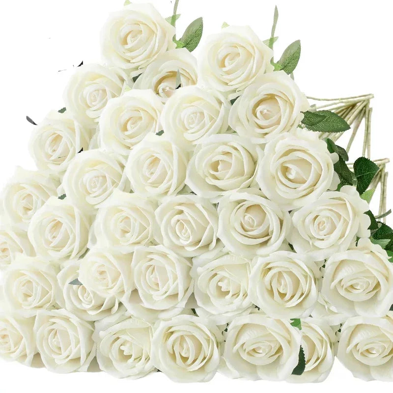 50 Pcs Velvet Roses Artificial Flowers Real Touch Fake Roses Valentine's DIY Wedding Bouquet Home Decor