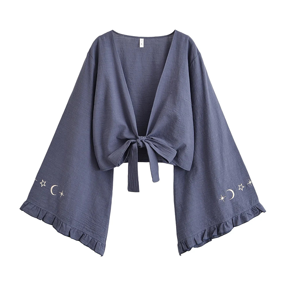 Boho Star Moon Embroidered Short Kimono Wrap Top Ruffled Flare Sleeves Cover-ups