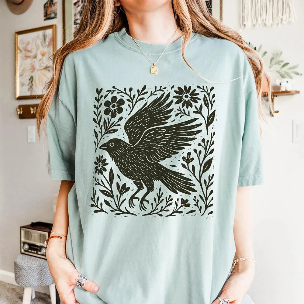 Folklore Crow Lino Print Cotton T-Shirt Folk Art Linocut