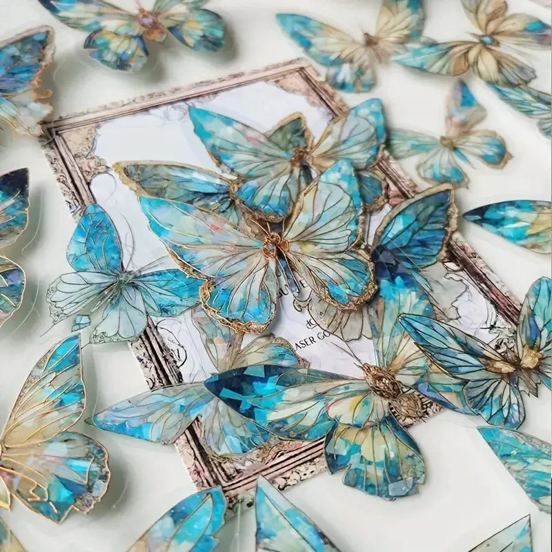 20pcs Ice Crystal Laser Butterfly PET Stickers DIY Scrapbooking Junk Journaling