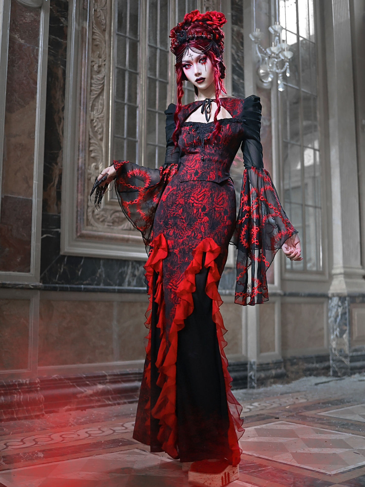 Red Gothic Embossed Jacquard Lace Top & Skirt