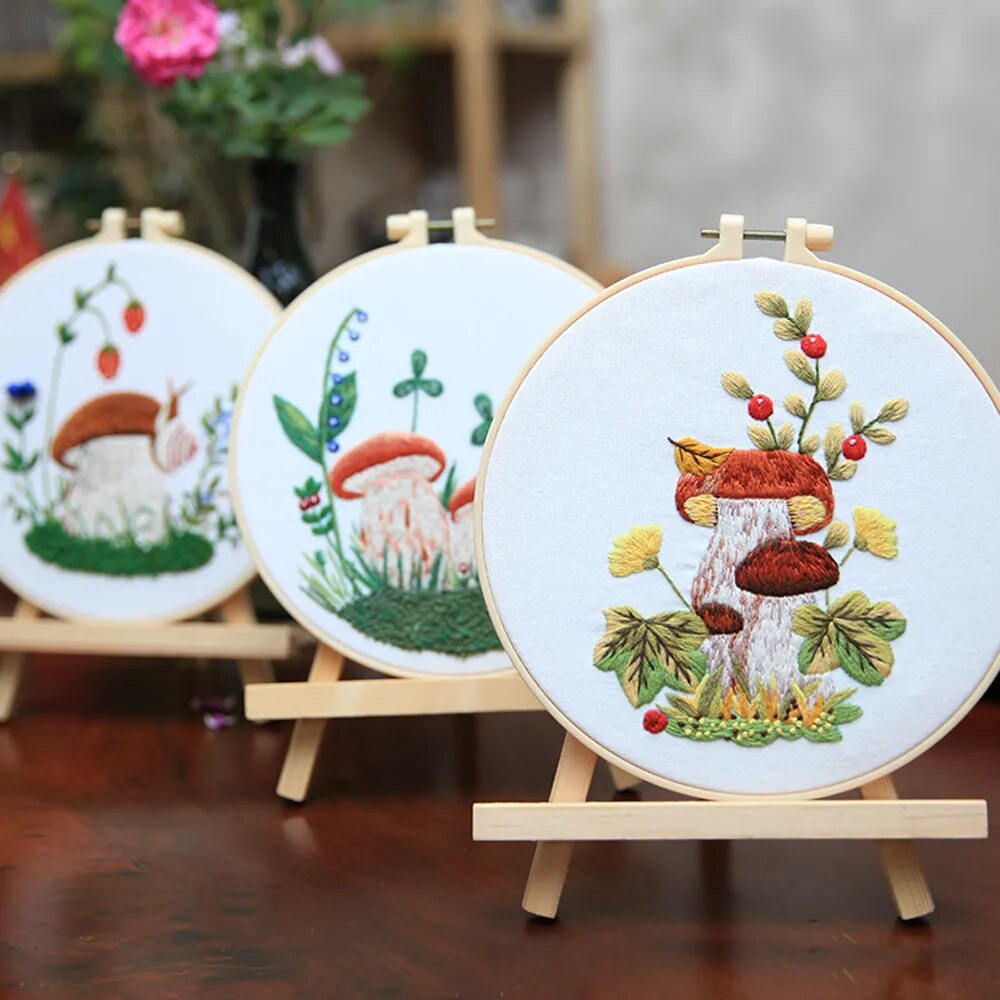 DIY Mushroom Embroidery Kit with Hoop Beginner Needlework Set
