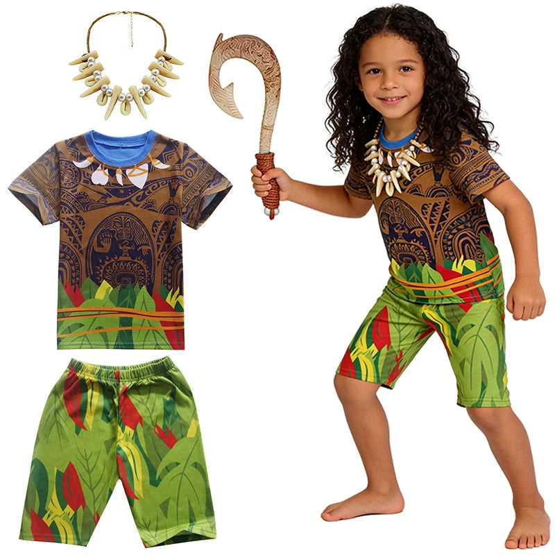 Maui Kids Cosplay 2Pcs Print Moana Boys Swimsuits Top and Shorts Children's Swimwear Book Week Costumes