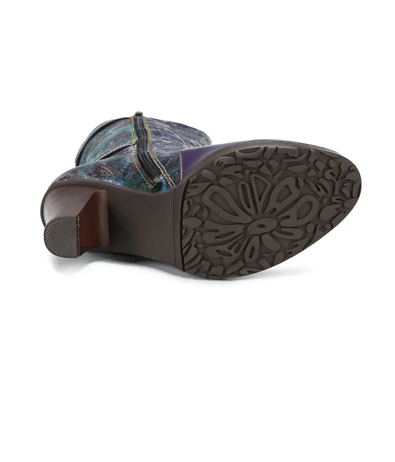 Purple Embossed Dragonfly Genuine Leather Long Boots