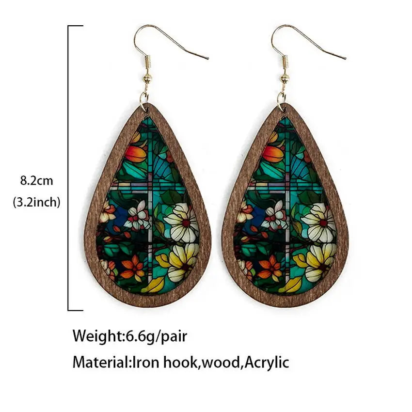Stained Glass Window Earrings Wood Acrylic Bright Colourful