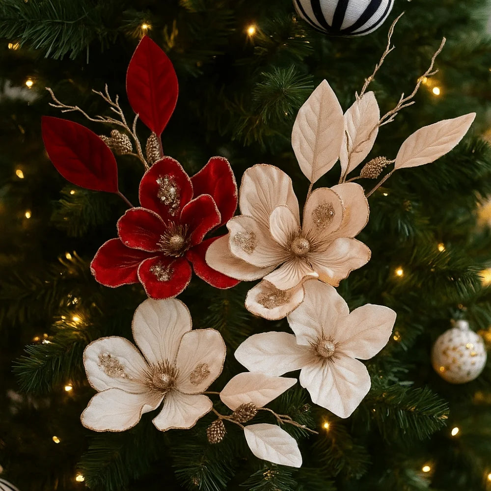 Glitter Christmas Magnolia Artificial Flower Red Gold Handmade Flocking Xmas Decorations