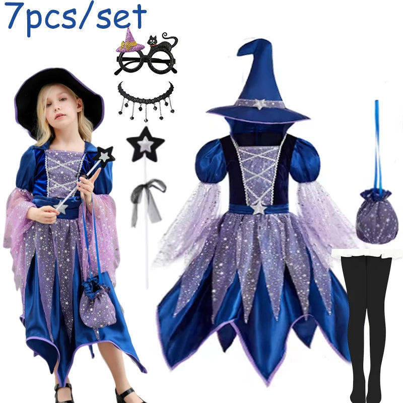 Girls Witch Outfit Halloween Party Costumes for Kids Dress Up With Bag Hat Wand