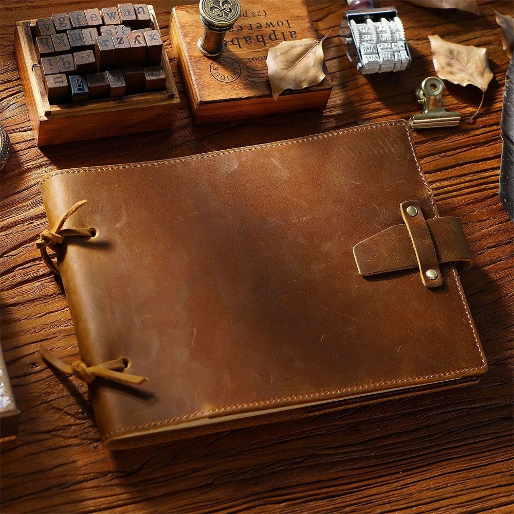 Stitched Genuine Leather Notebook 6 Colours Handmade Journal with Lock Blank Kraft Paper 200 Pages Sketchbook