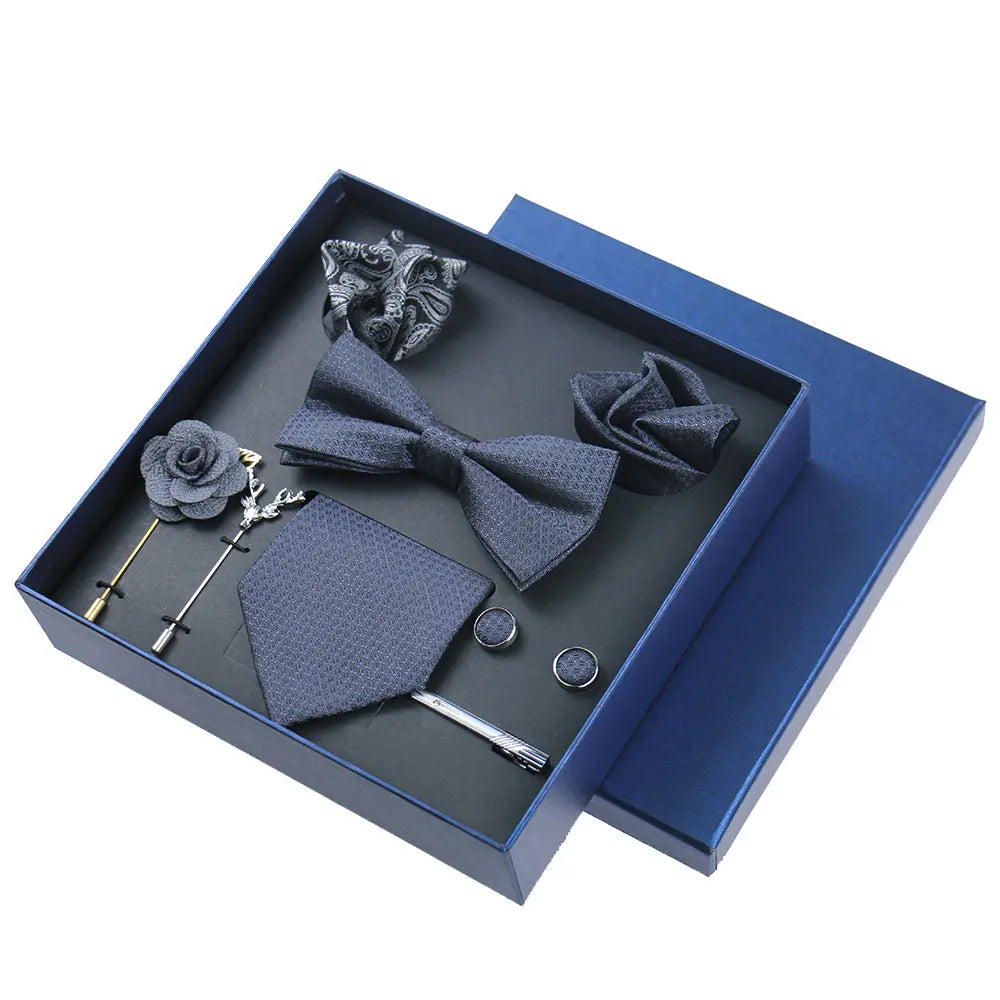 Men's 8pcs Tie Set Wedding Cravat Silk Bowtie Pocket Square Cufflinks Brooch Box Set Gifts For Men