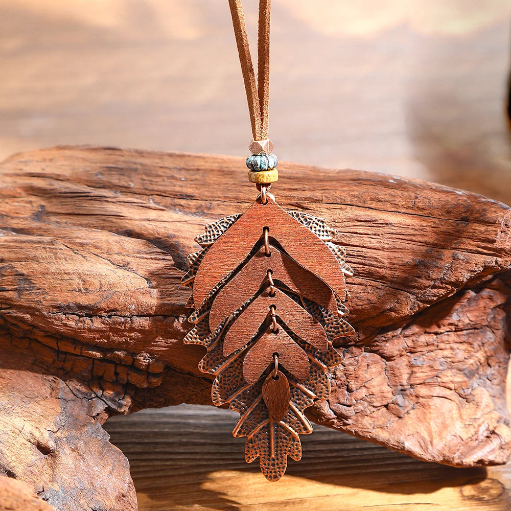 Forest Dweller Boho Leaf PU Leather Pendant Necklace Jewellery Sweater Chain