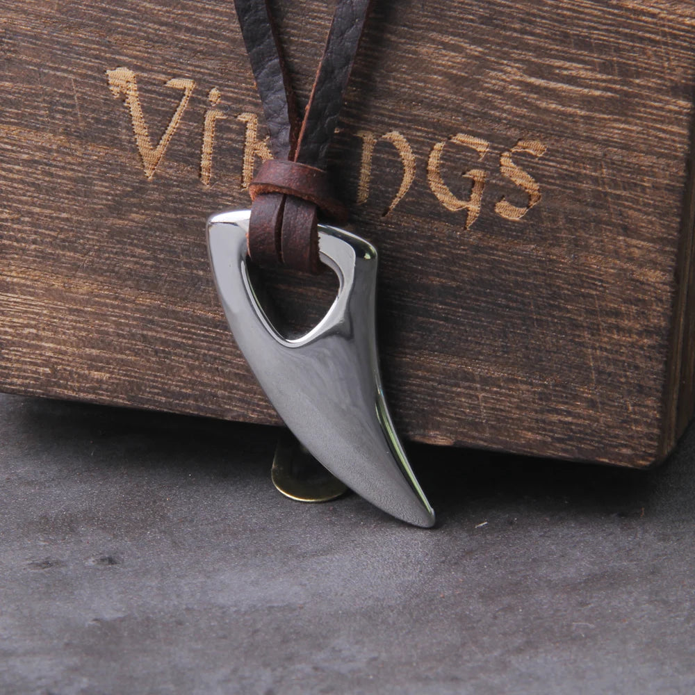 Viking Wolf Fang Stainless Steel Pendant Necklace For Men with Wooden Gift Box
