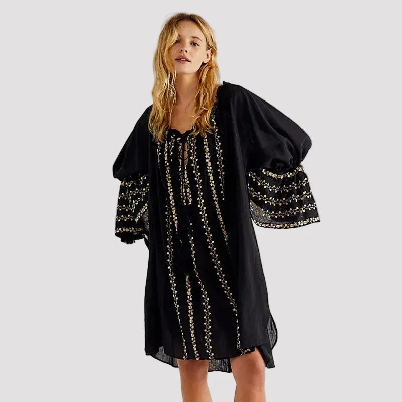 Winnie's Black Embroidered Long Sleeve Cotton Boho Dress