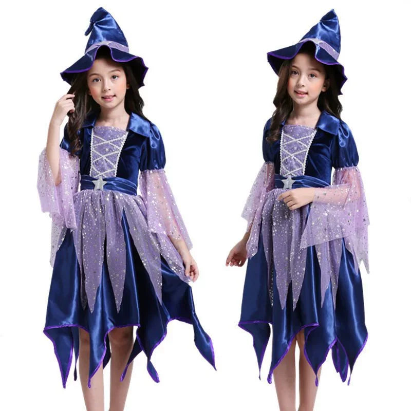 Girls Witch Outfit Halloween Party Costumes for Kids Dress Up With Bag Hat Wand