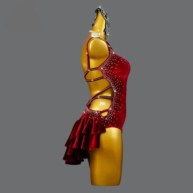 Red Velvet Latin Dance Dress Professional Cha-Cha Line Suit