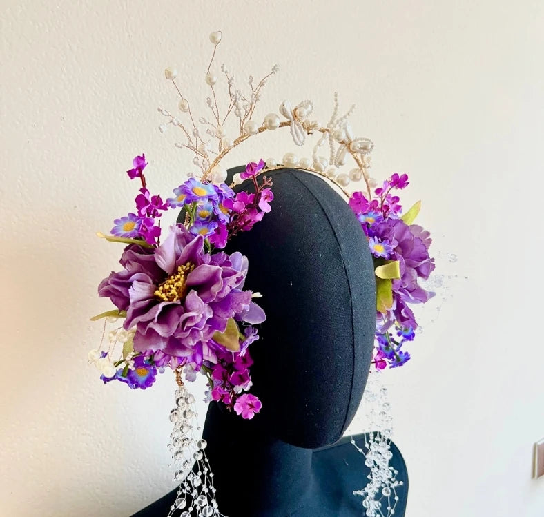 Handmade Fairycore Plum Fai Floral Halo Crown Elven Hair Jewellery