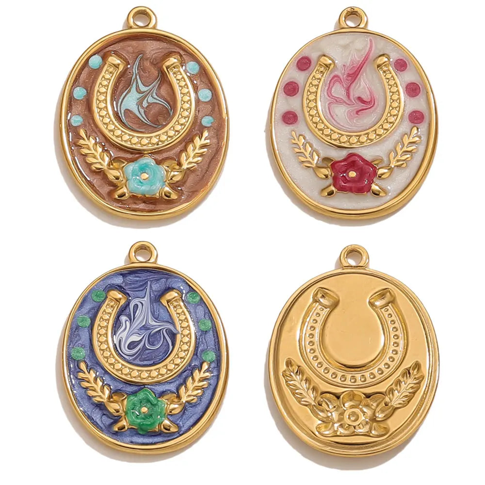Two Horseshoe Fortune Enamel Charms Stainless Steel Gold Plated Pendant DIY Jewellery Earring Making Materials