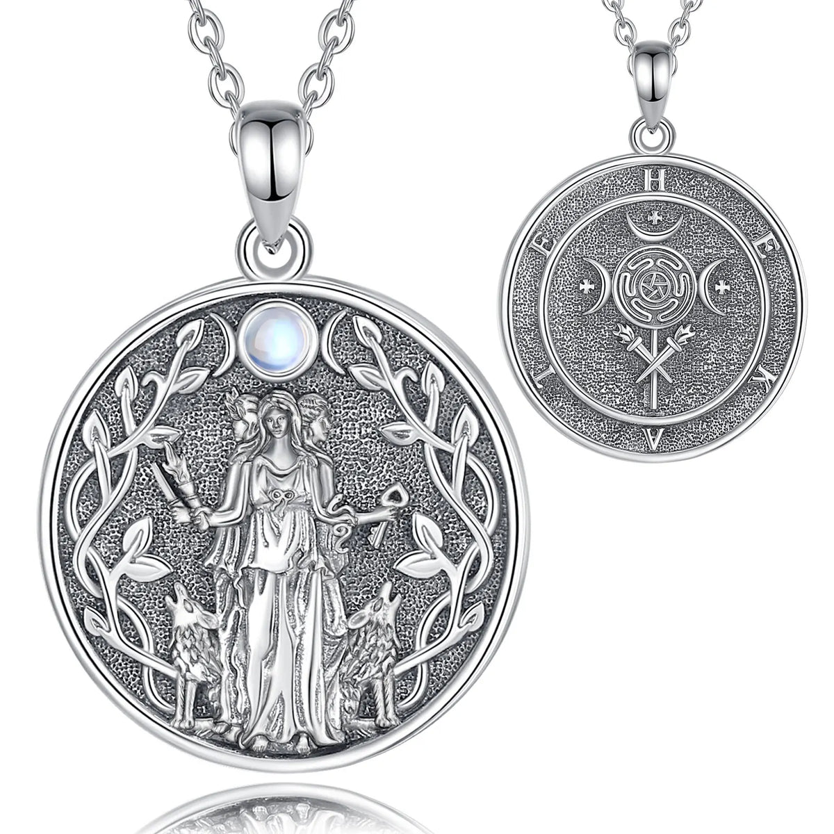Moonstone Triple Moon Goddess Hecate Dog Amulet Pendant Necklace 925 Sterling Silver