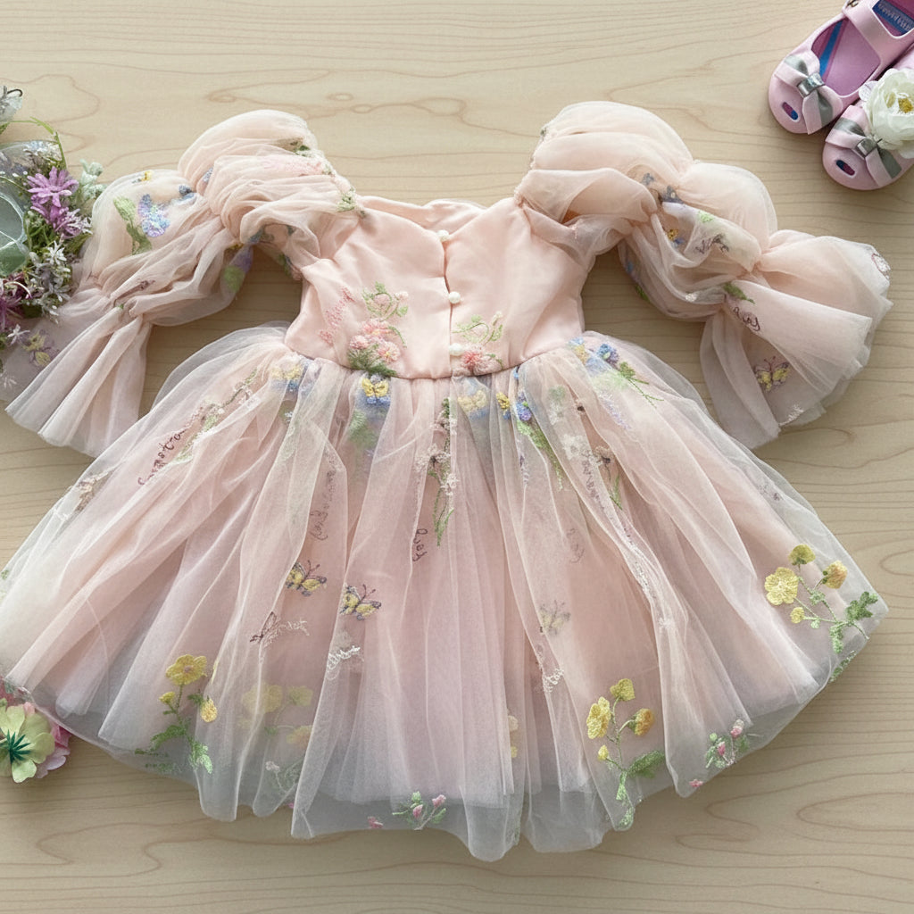 Fairy Faith's Baby Toddler Girls Birthday Dress Embroidered Butterfly Flower Girls Dress