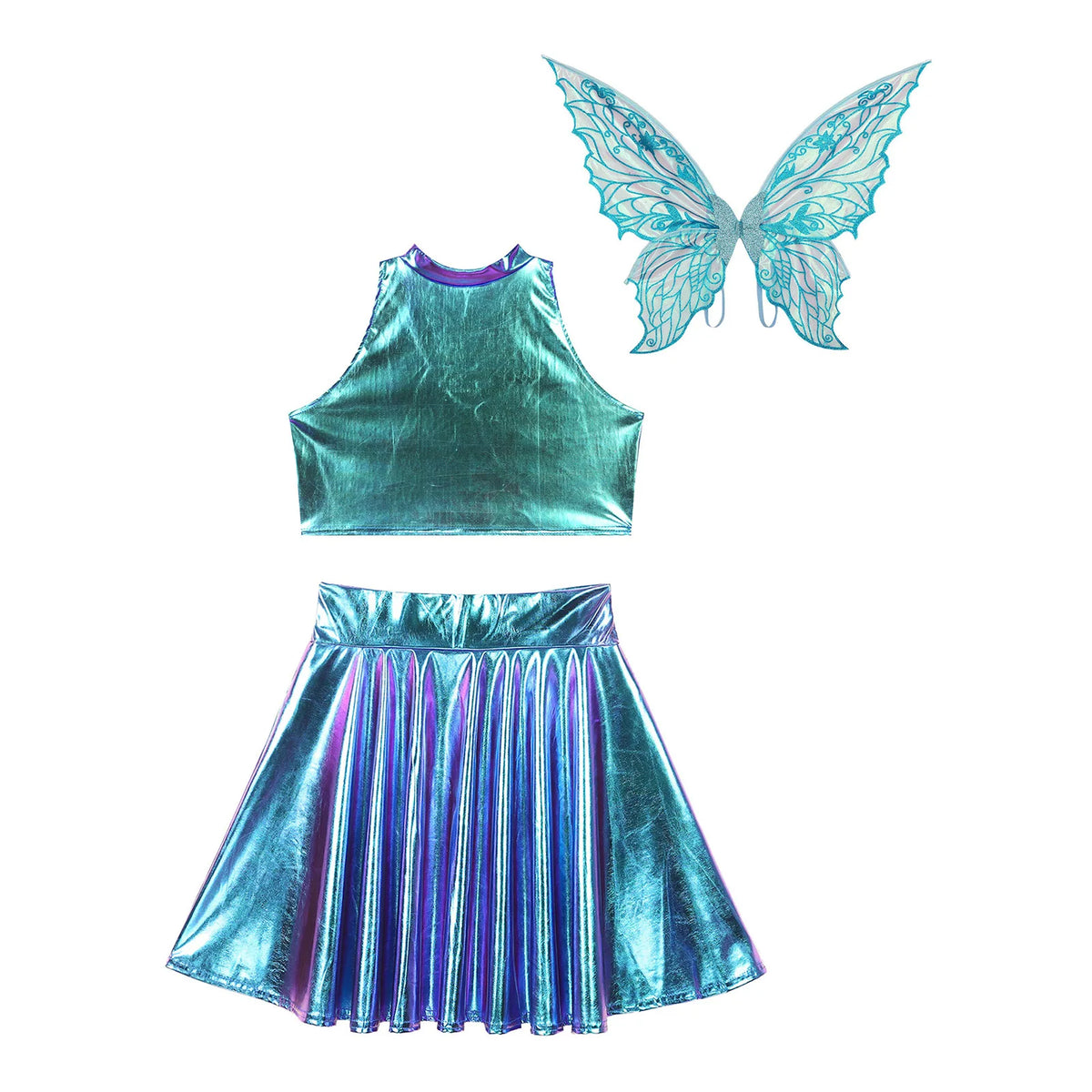 Festival Fairy Cosplay Costume Sleeveless Crop Top, High Waist Flared Skirt And Butterfly Wings Set